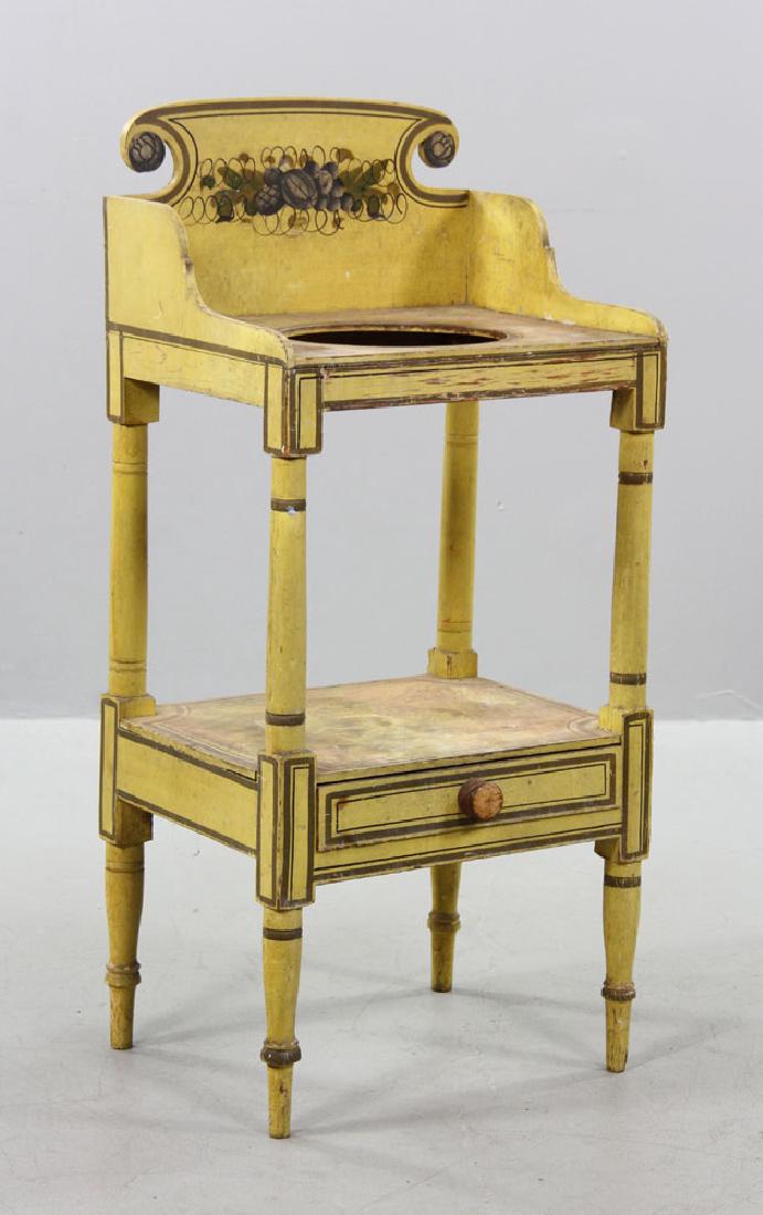 19th C. New England Sheraton Commode: Period Sheraton country commode, New England, early 19th century, with old yellow paint, 38" h x 17" w x 14" d. Provenance: From a Connecticut estate.