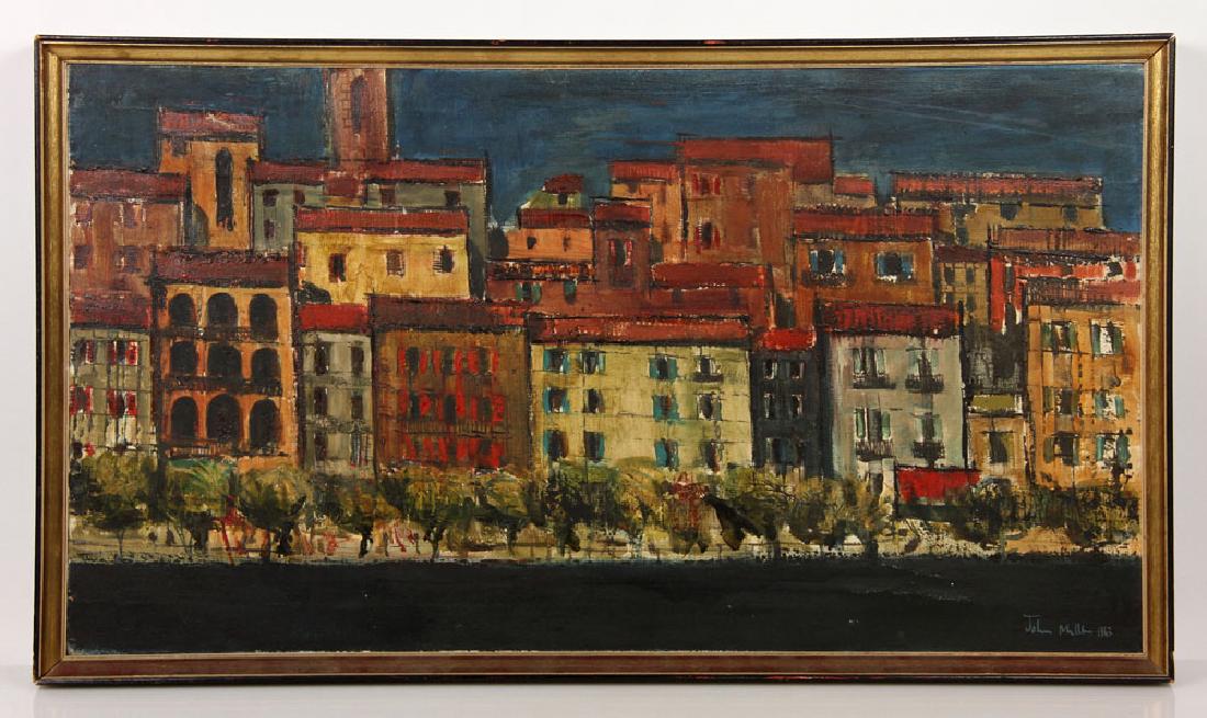 Miller, Village View, Oil on Canvas: John Miller, village view, oil on canvas, signed and dated "1963" lower right; 19 1/2" h x 35 1/2" w (view), 21 3/4" h x 37 1/2" w (frame). Provenance: From a Florida collection.