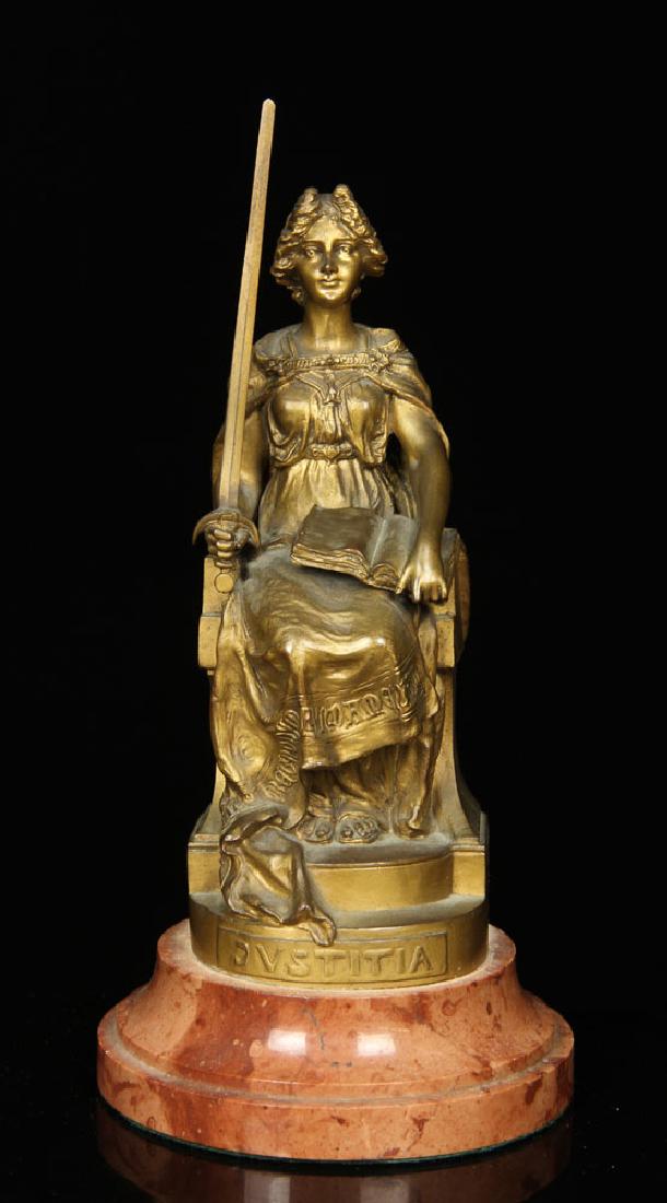 Kauba, "Iustitia," Bronze Sculpture: Carl Kauba (Austrian-American, 1865-1922), "Iustitia," bronze sculpture, on marble base, signed and inscribed "Geschutzt 4889," 11" h x 4 3/4" w. Provenance: From a California estate.
