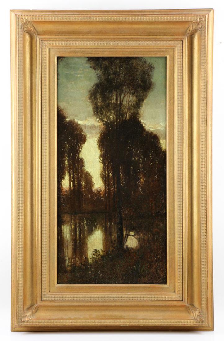 Attr. Knab, Forest View, Oil on Board: Attributed to Ferdinand Knab, forest view, oil on board, unsigned, information verso; 28 1/4" h x 14" w (view), 39" h x 25" w (frame). Provenance: From a California estate.