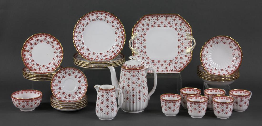 Spode "Fleur de Lys" Porcelain Service for 6: Spode porcelain service for six, "Fleur de Lys" pattern in red, to include: six plates (8" dia), six plates (6 3/8" dia), six bowls (6 1/4" dia), one square handled platter (9 1/4" w), one teapot (8 1