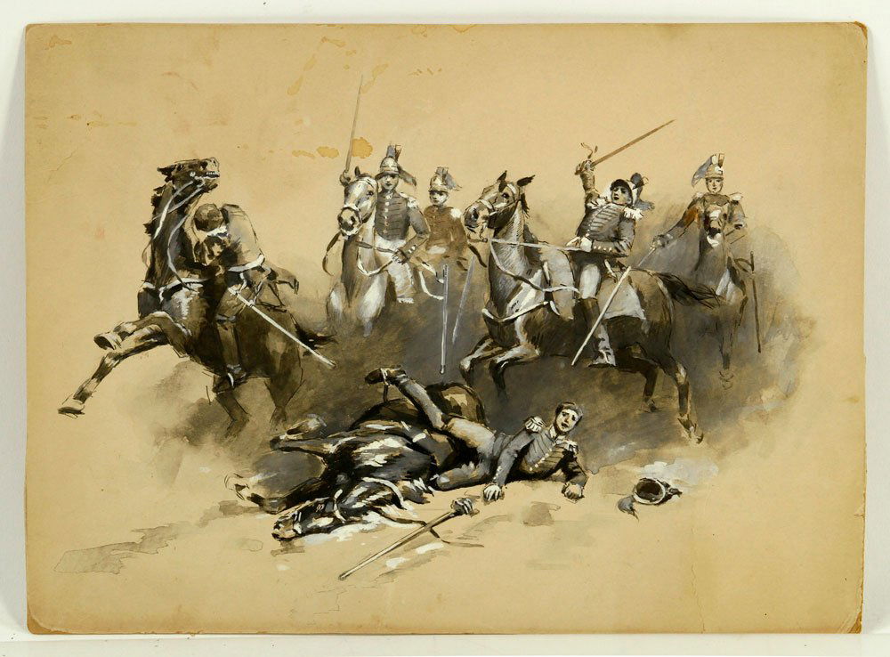 Attr. Gerbino, Battle Scene, Watercolor: Attributed to Rosario Gerbino, battle scene, watercolor and gouache, unframed, 9" h x 12" w. Provenance: From the estate of the late Harry Reed Everson, an avid collector, from Marblehead, Massachuset