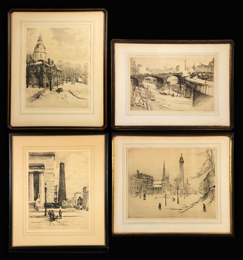 Clements, Lot of 4 Etchings: Group of four artist proof etchings by Gabrielle DeVeaux Clements (American, 1858-1948), to include: the Maryland State House, 14" h x 18" w (view), 19" h x 24" w (frame); a University of Maryland bui