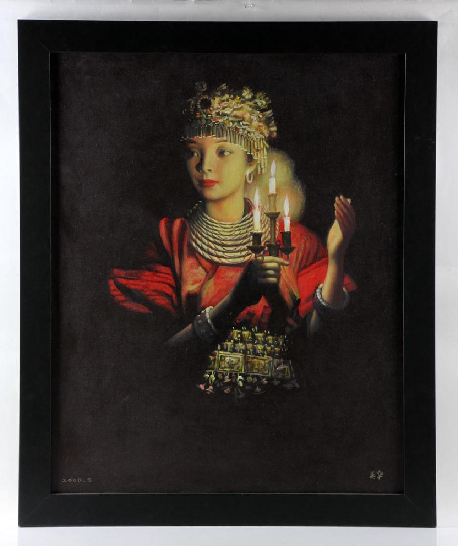 Wang Hong (Meihua), "Candlelight," Oil on Canvas: Wang Hong (Meihua), "Candlelight," oil on canvas, depicting girl with candle; 39" h x 31" w (view), 44" h x 36" w (frame). Provenance: From the lifetime collection of Cheryl Burke, of Sarasota Florida