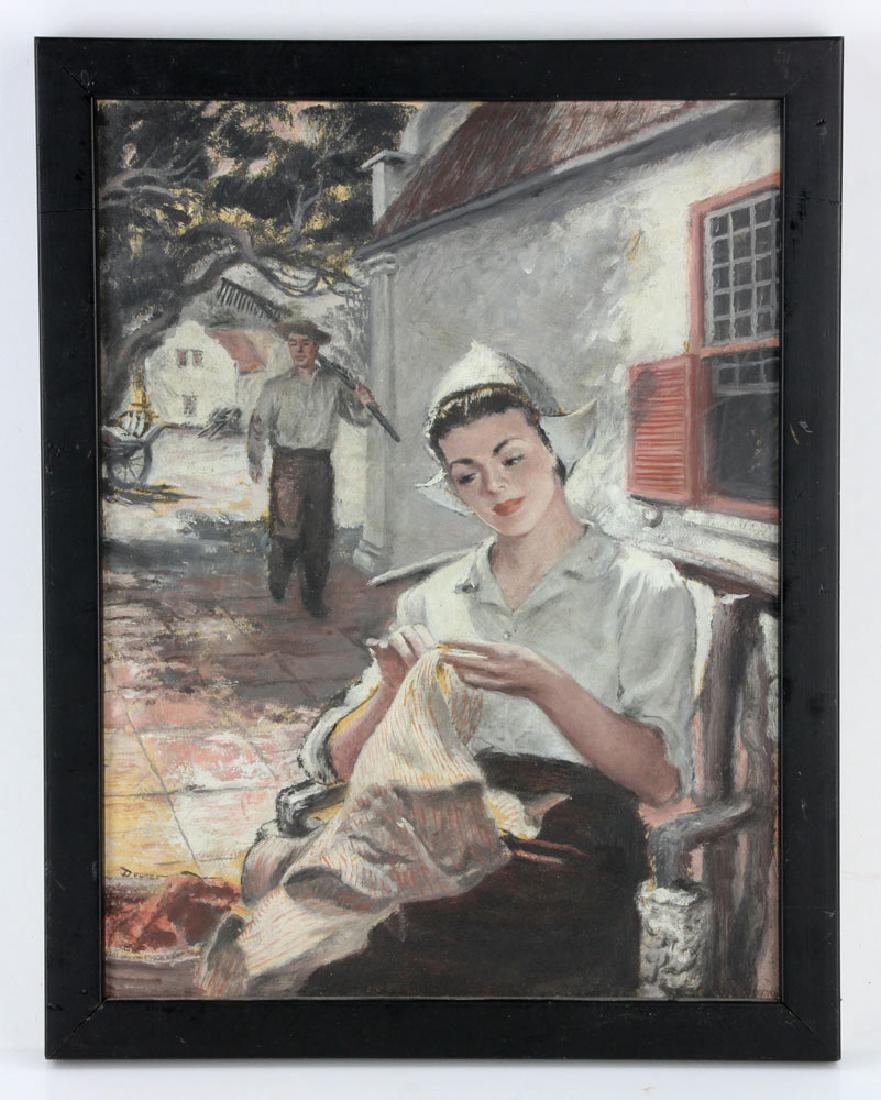 Doares, Woman with Bonnet, Oil on Board: Robert Doares (American, 1911-2005), portrait of woman with bonnet, oil on artist board; 12" h x 9" w (view), 13" h x 10" w (frame). Provenance: From a Florida estate.