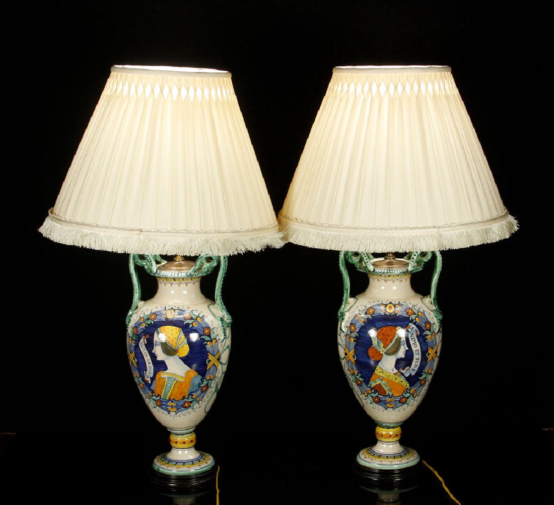 Pr. Antique Italian Pottery Lamps: Pair of antique Italian table lamps, glazed pottery, signed "DeRuta" on bases, with shades, 37 1/2" h x 9" w. Provenance: From a California estate.