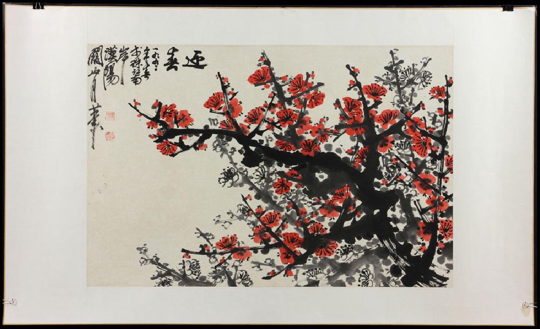 Chinese Watercolor Painting on Paper: Chinese watercolor painting on paper, depicting plum blossom, signed Guan Shanyue, 18" h x 27" w.