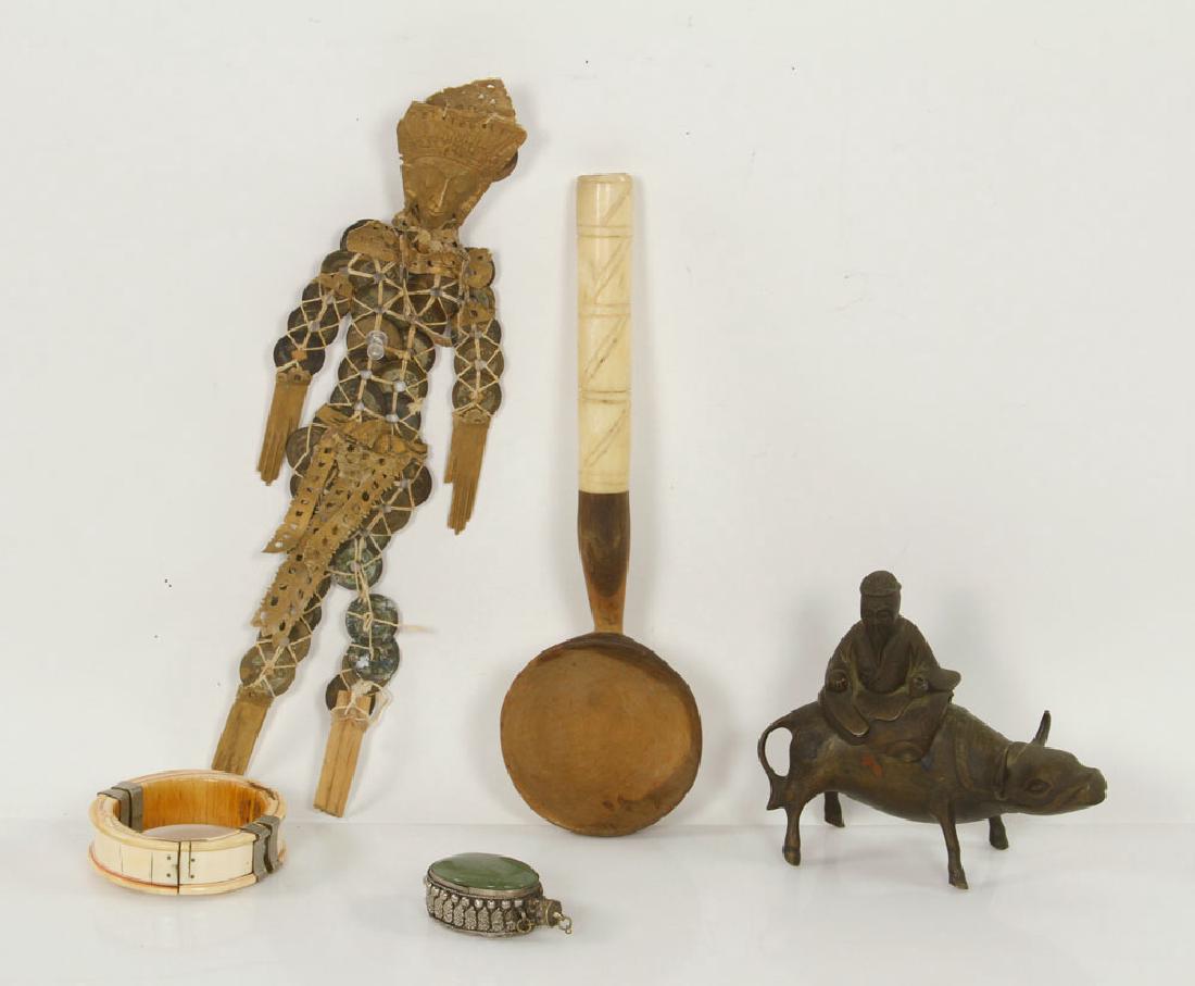 Group of Five Asian Items: Grouping of five East Asian items, to include: bracelet, bone, 3 1/4" dia; figure, coins with twine, wood and leather accents, 13 1/2" l; incense holder, bronze, in the form of a man riding an ox in t