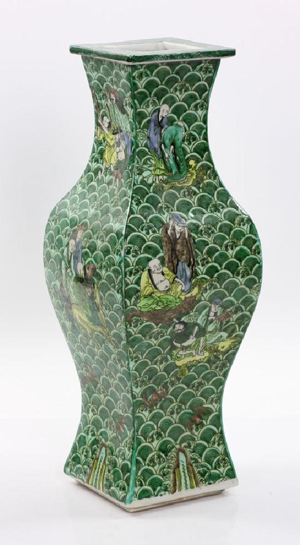 Chinese Square Shaped Famille Verte Vase: Chinese square shaped famille verte vase, with Kangxi mark on base, 17 1/2" h.