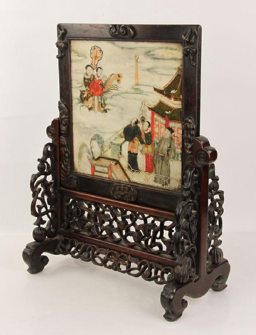 19th C. Chinese Table Screen: 19th century Chinese table screen, having a mountain scene with hardwood stand and hardstone decoration, 22 1/4" h x 17 5/8" w x 9 1/8" d (overall), 12" sq. (stone view). Provenance: from a Massachuse