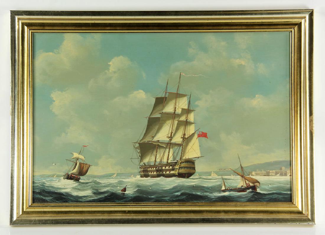 Colacicco, A Man of War in A Stiff Breeze, Oil: Salvatore Colacicco (b1935-), "A Man of War in a Stiff Breeze in the Bristol Channel", oil on panel, signed lower left, 15 1/4" h x 23 1/4" w (sight), 19 1/4" h x 27 1/4" w (frame). Provenance: From a