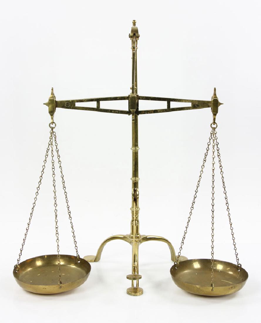 Hunt & Co. Balance Scale: Hunt & Co. London balance scale, brass, 24 1/2" high. Provenance: from a Concord, Massachusetts estate.