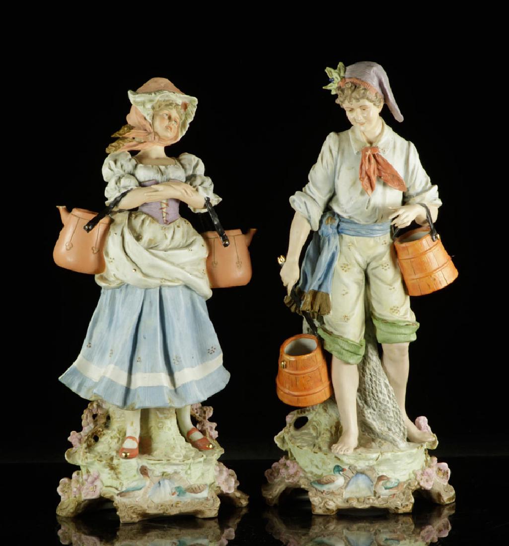 Pair of French Bisque Figures: Pair of French figures, bisque pottery, 19" h. Provenance: from a Florida estate.