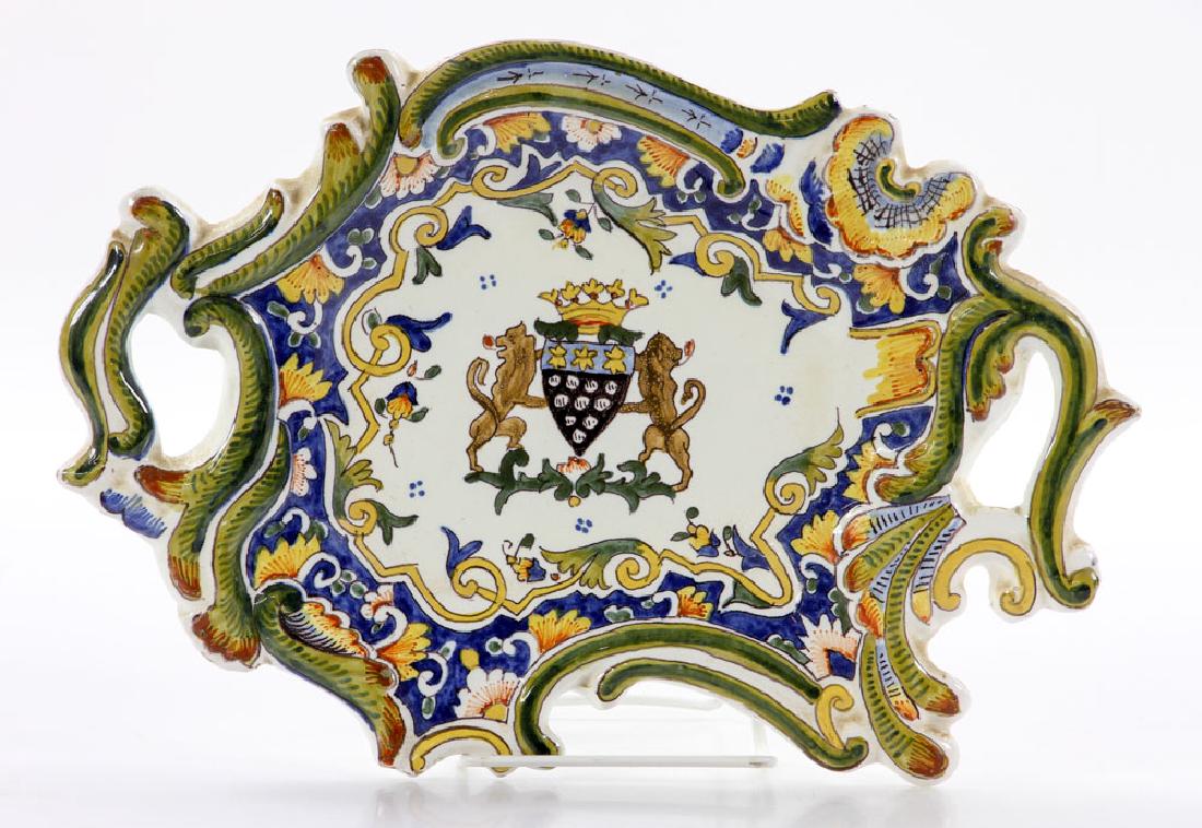 French Armorial Faience Dish: French armorial faience dish, signed "Mont Saint Michel," 12" high x 8 1/4" wide. Provenance: from a Jupiter, Florida estate.