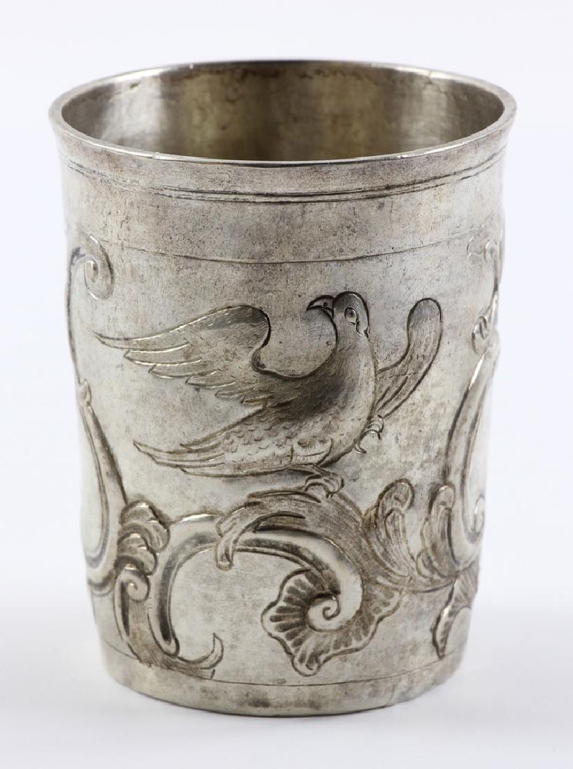 18th C. Russian Silver Beaker: 18th century Russian beaker, silver, hallmarked "84" and for Moscow, Russia, 1791, made by Sava Semenov, 3 3/8" high x 2 3/4" diameter, approximately 3.5 troy ounces total weight. Provenance: from a N