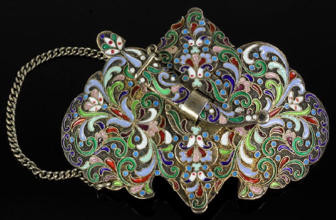 Russian Silver and Enamel Buckle: Russian buckle, silver and enamel, hallmarked "84" and for St. Petersburg, Russia, 1908-1917 and with maker's mark in Cyrillic, 2 5/8" high x 3 3/8" wide, approximately 1.9 troy ounces total weight. P