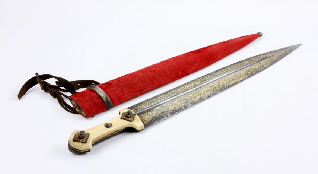 Large Caucasian Kindjal Dagger: Large Russian Caucasian kindjal dagger, with gold inlay, 18 1/2" long (blade only), 23 5/8" long (overall). Provenance: from a New York City estate.
