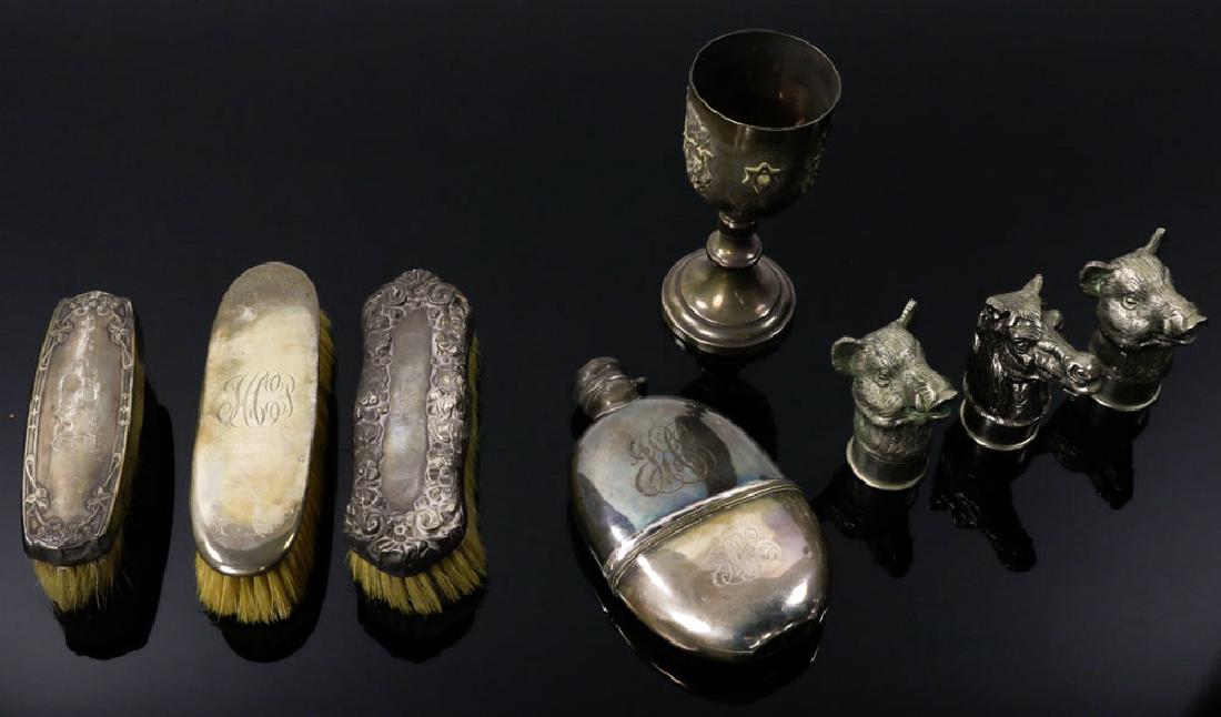Assorted Sterling and Silver Plate Lot: Assorted lot of sterling silver and silver plate, to include three shot glasses, three brushes, and one goblet. Provenance: From a Palm Beach collection.