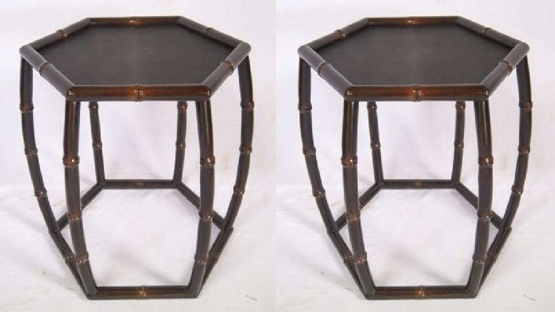 Pair of Octagonal Side Tables: Pair of designer octagonal side tables, black painted turned bamboo, 20" high x 18" diameter.