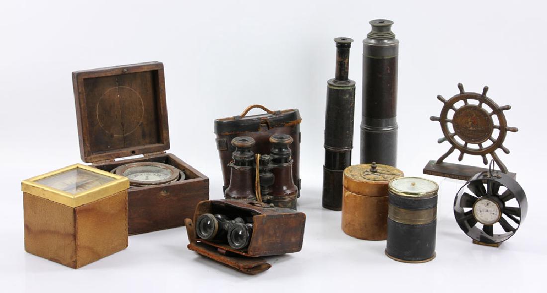 Group of Nautical Items: Grouping of nautical items, to include spyglass, compass and binoculars. Provenance: from a Florida estate.