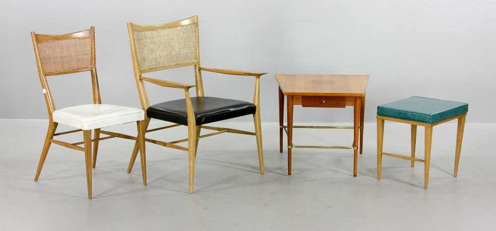 Collection of Mid-Century Modern Furnishings: Assembled collection of Mid-Century Modern furniture, to include: table with single drawer, labeled for Paul McCobb for Sacks, 20" high x 24" wide x 26" deep; small seat with rattan top and leather cu