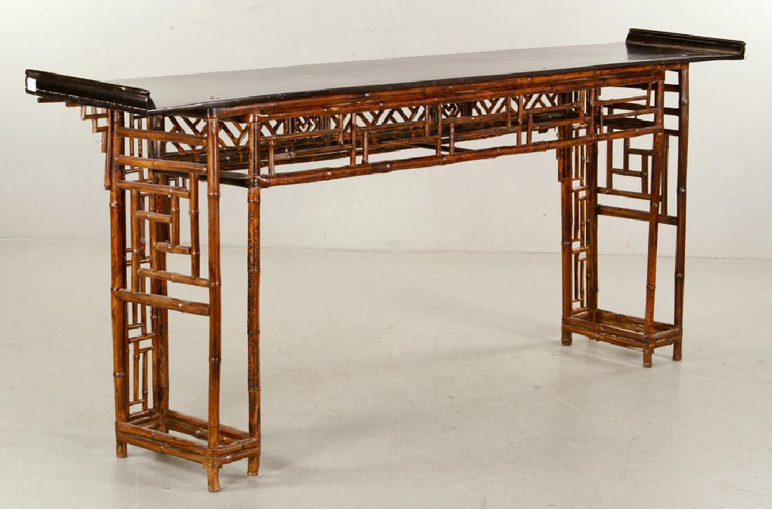 Chinese Altar Table: Chinese bamboo altar table, 34 1/2" h x 86 1/4" w x 15 1/4" d. Provenance: From a Massachusetts estate.The absence of a condition report is not an implication that the lot is in perfect condition or f