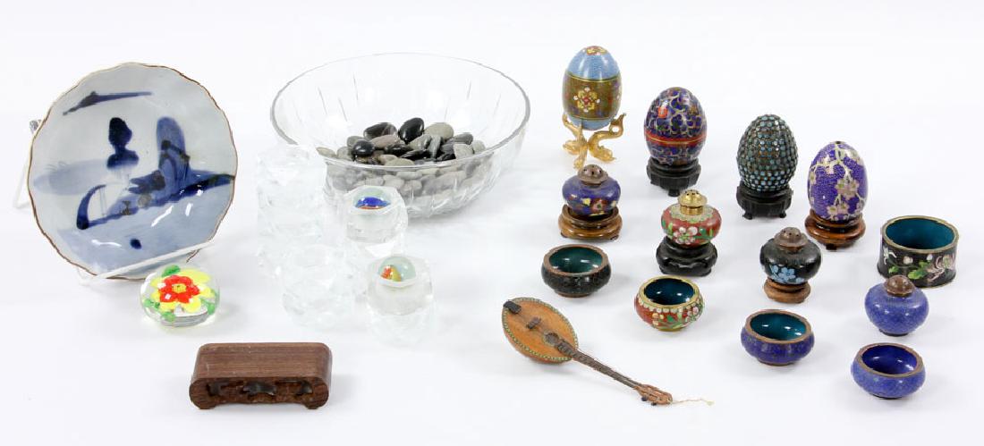 Lot of Chinese Cloisonne Items: Lot of decorative Chinese cloisonne items, to include: egg-form box with stand (2 3/4" h, not including stand); two eggs with stands; egg-form box with turquoise decoration and stand; four cloisonne s