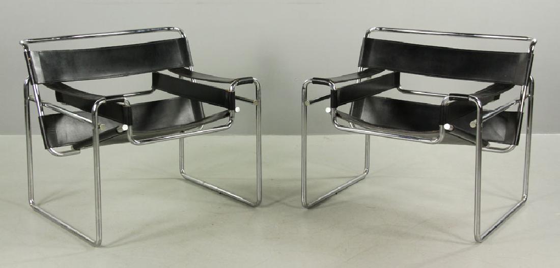 Pr. Breuer Wassily B3 Leather Chairs: Pair of Marcel Breuer Wassily chairs, steel and leather, also known as the B3 chair, 29" h x 30 1/2" w x 28" d. Provenance: From a Los Angeles, California estate.The absence of a condition report is n