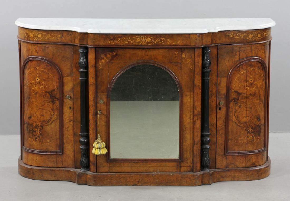 English Edwardian Inlaid Cabinet: English Edwardian inlaid cabinet, with marble top, including key, 36" h x 60" w x 18" d. Provenance: From a Beverly, Massachusetts collection.The absence of a condition report is not an implication th