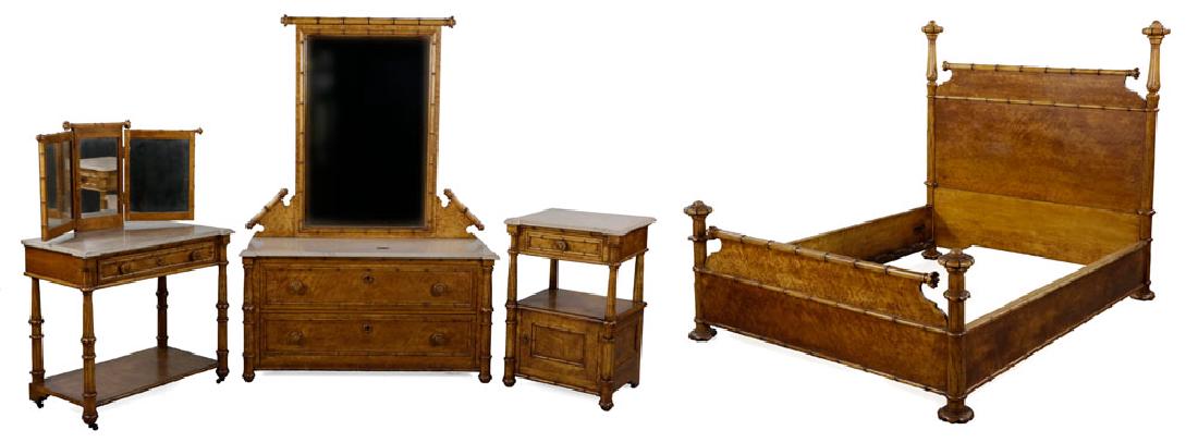 19th C. Bamboo Style Bedroom Suite: American maple bedroom suite, 19th century, bamboo-style, including double-sized bed (headboard measuring 62" h x 65" w), mirrored dresser with marble top (72" h x 50" w x 19" d), mirrored dressing st