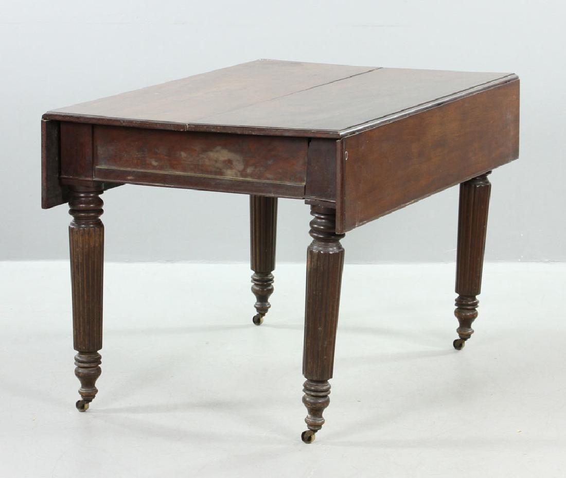 Nash & Son, 19th C. Classical Mahogany Drop Leaf Table: Classical mahogany drop leaf table, 19th century, by Nash & Son, New York, with fluted legs on casters, with maker's label, 29" h x 45 1/2" w x 30" d (folded). Provenance: From a Massachusetts estate.