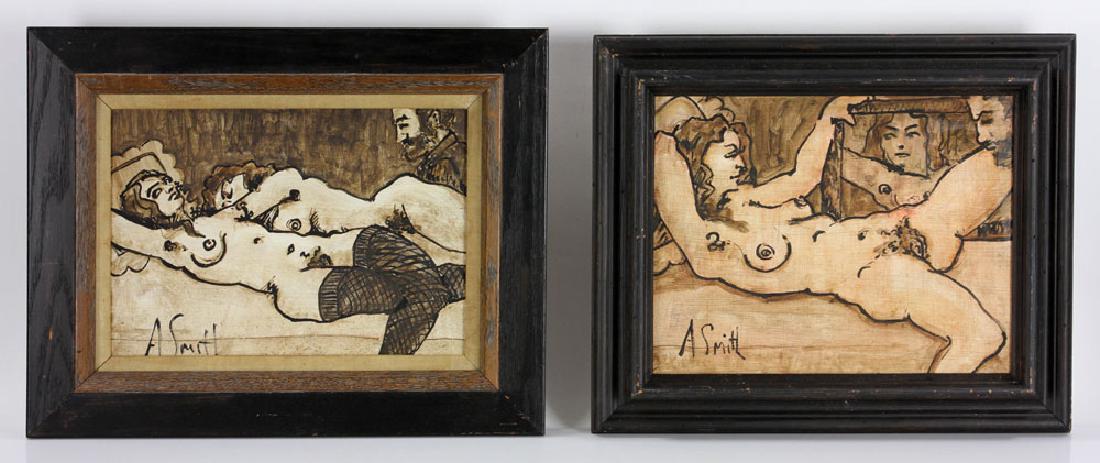 Smith, Erotic Burlesque Dancers, 2 Oil on Board: Al Smith (American, 1902-1986), erotic burlesque show, lot of two oil on board paintings; 11" h x 14" w (view), 15" h x 18" w (frame) and 10" h x 14" w (view), 15 1/2" h x 19" w (frame). Provenance: F