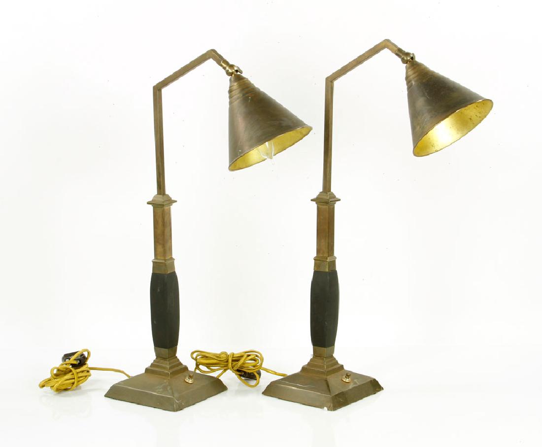 Pr. French Table Lamps: Pair of antique French table lamps, with black ebonized wood accents, brass stamped "FL 019,020," 22 1/2" h x 12" w. Provenance: From a Florida estate. The absence of a condition report is not an impl