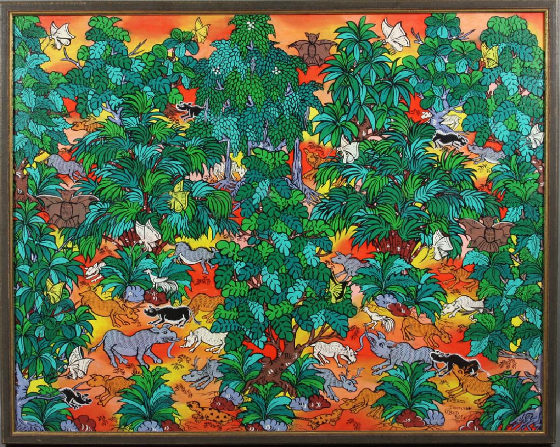 Dawa, Balinese Landscape, Oil on Canvas: I. W. Dawa, Balinese landscape with animals, Tjampuhan Valley, Ubud, Bali, oil on canvas, signed lower right, in wooden frame; 26 1/2" h x 34" w (view), 28" h x 36" w (frame). The absence of a conditi