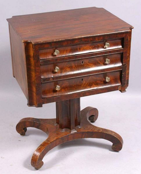 19TH C. NY CLASSICAL MAHOGANY SEWING TABLE: 19th Century New York Classical mahogany sewing table with drawers, 29"h. x 21 1/2"w. x 17 1/2"d. Good condition, old cracks.