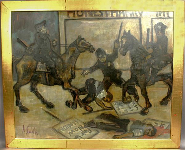 SIGNED ARTHUR SMITH, NY RIOT POLICE, O/B: Arthur Smith (American, d. 1972), NY Riot with Police on Horseback, o/b, 24" x 29 3/4", framed 27 1/2" x 33", signed LL. Good condition.