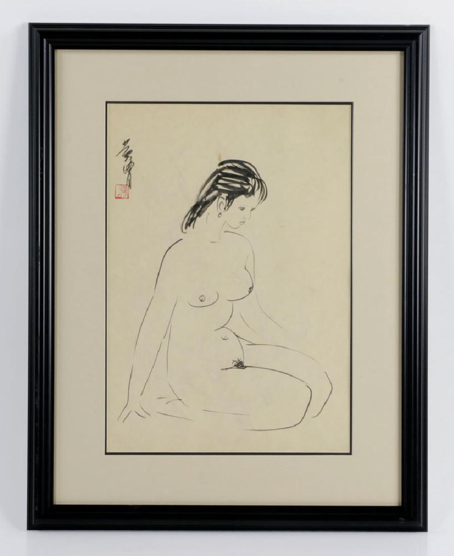 Signed Huang Zhou, Nude Girl, Ink on Paper: Signed Huang Zhou, nude girl sitting, ink on paper, 16" h x 11" w (view), 23" h x 18" w (frame). Provenance: From a Fort Lauderdale, Florida private collection.