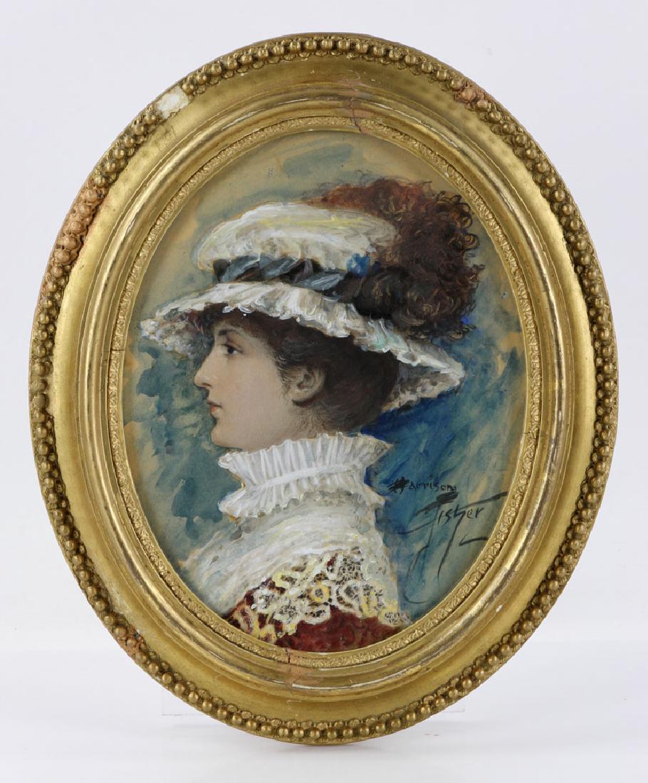 Fisher, Portrait of A Woman, Watercolor: Harrison Fisher (American, 1875-1934), portrait of a woman with hat, watercolor, signed, 12" h x 9 3/4" w (frame). Provenance: From a New York City, New York collection.