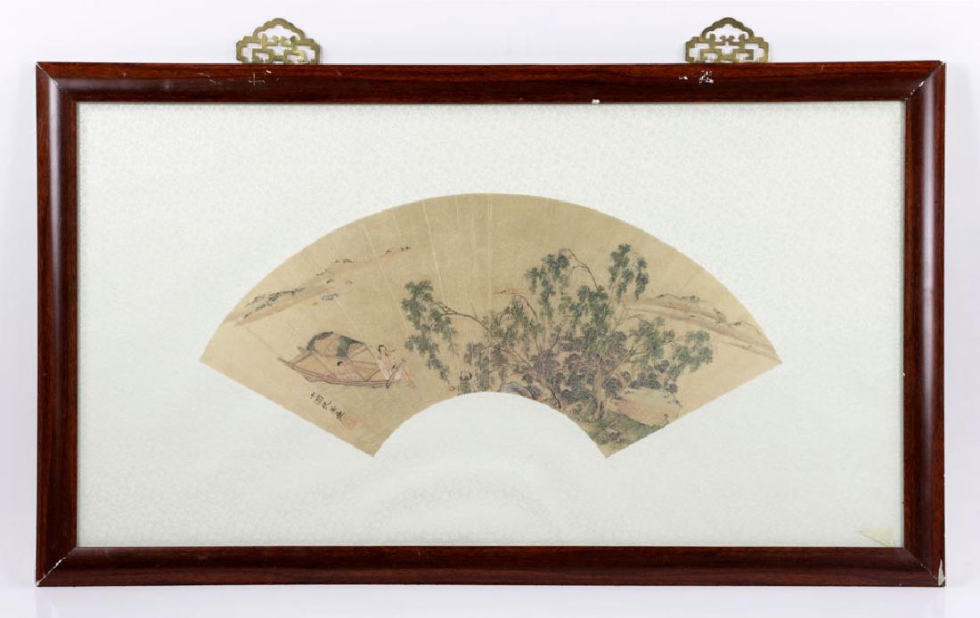 In Manner of Shi Zhou, Watercolor: In manner of Shi Zhou, watercolor, fan shape, framed under glass, 18 1/2" h x 32" w (frame). Provenance: From an Auburndale, Massachusetts collection.