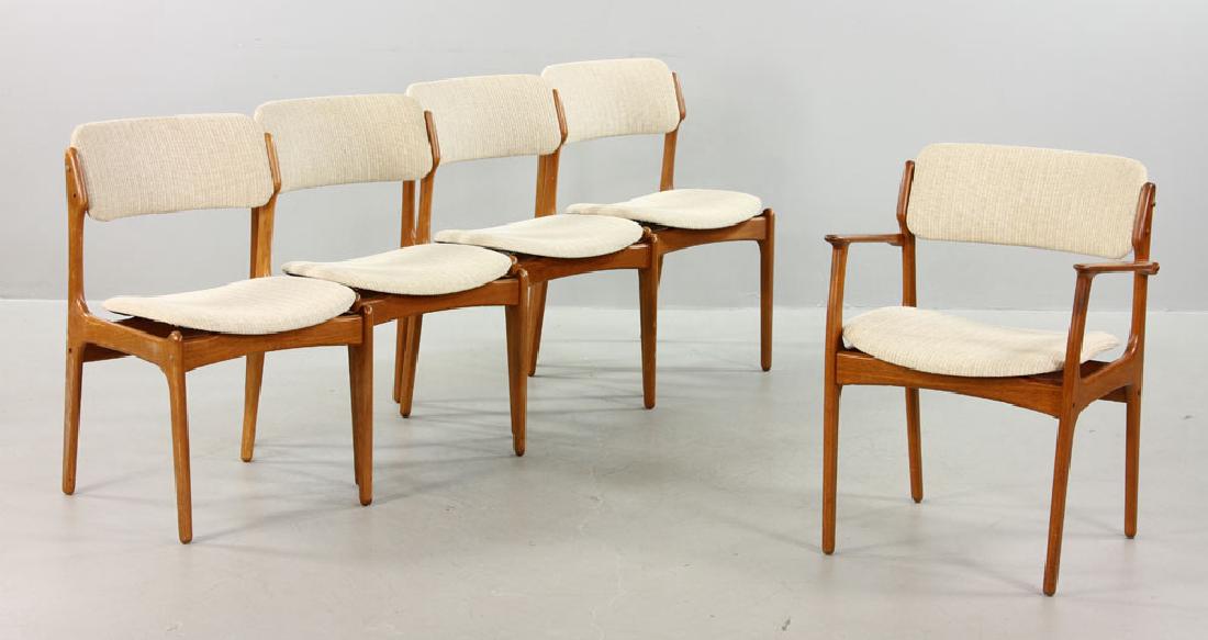 Five Erik Buck No. 49 Chairs for O.D. Mobler: Lot of Five Danish Modern O.D. Mobler model 49 chairs (one arm, four side), designed by Erik Buck in teak with beige tweed upholstery. Label reads "Made in Denmark O.D. Mobler A-S Domus Danica Furnitu