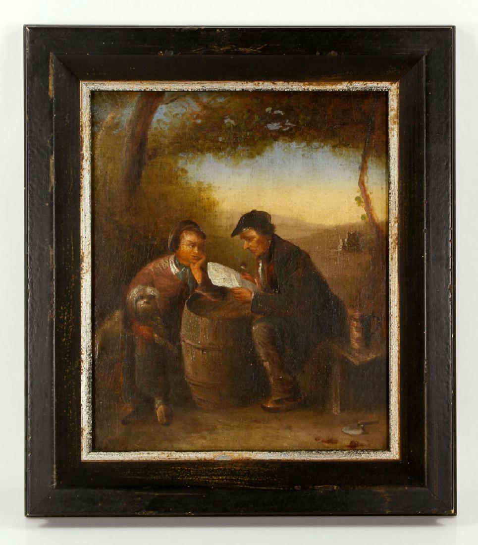 19th C. Continental School Painting, Oil: 19th century Continental school, portrait of man reading newspaper with his son holding a dog, oil on canvas, mounted on panel, 14" h x 11 1/2" w (view), 18" h x 16" w (frame). Provenance: From a Mass