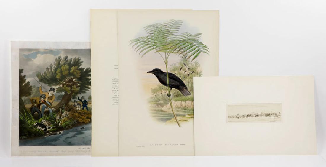 Three 19th C. Prints: Three 19th century prints, to include: Phillip Reinagle, "Otter Hunter", color aquatint, with additional hand coloring, by Lewis & Nicholas, circa 1840, 16" h x 21" w (unframed); Sir Muirhead Bone, "H