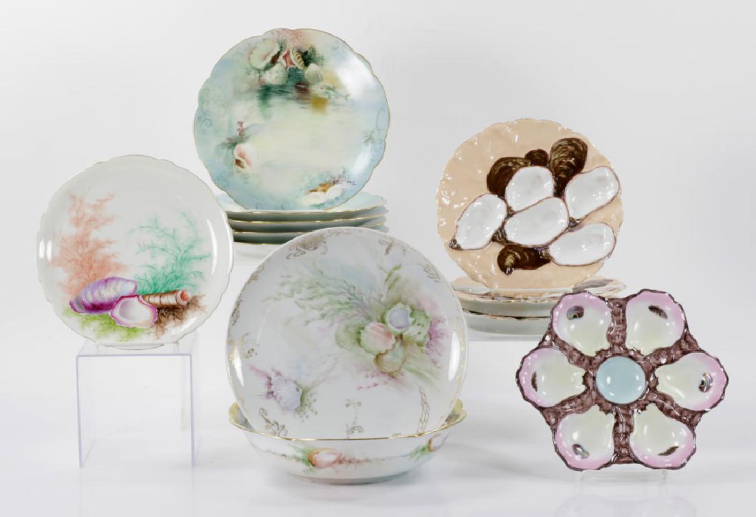 Limoges Oyster and Shell Plates: Group of Limoges oyster and shell plates with one shell bowl, porcelain, largest 10" diameter. Provenance: from a New Haven, Connecticut estate.