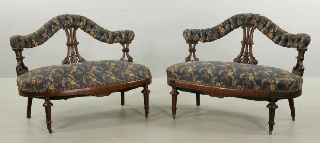 Pr. William and Mary Style Settees: Pair of Victorian settees, in the William and Mary Revival-style, 33" h x 44" w x 28" d. Provenance: From a Wilmington, Massachusetts estate. The absence of a condition report is not an implication th