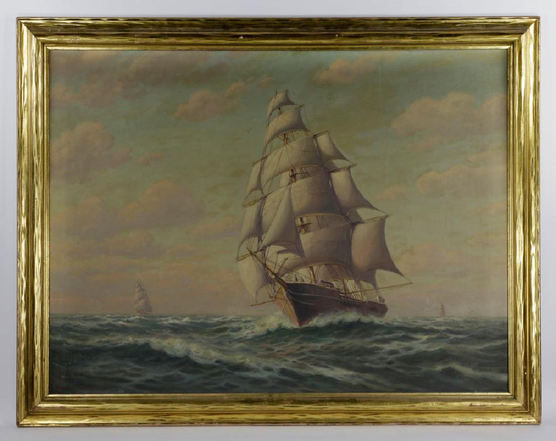 Paskell, Sailing Ships, Oil on Canvas: William Frederick Paskell (English-American, 1866-1951), sailing ships, oil on canvas, in original frame; 30" h x 40" w (view), 35" h x 45 1/2" w (frame). Provenance: From a Hyde Park, Massachusetts e