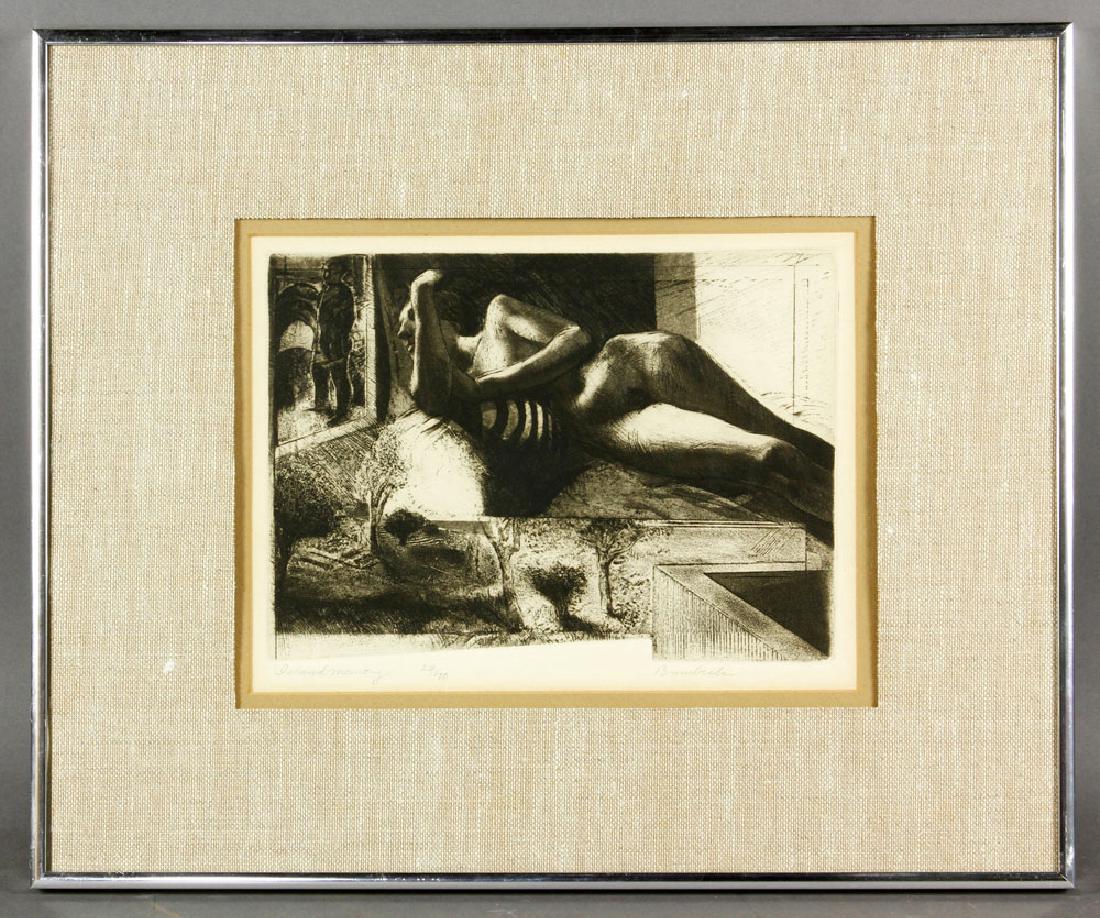 Bumbeck, "Island Memory," Etching: David Bumbeck (American, 1940 - ), "Island Memory," etching, picturing a nude female reclining, editioned 26 of 40; 6 1/4" h x 9 1/2" w (view). The absence of a condition report is not an implication