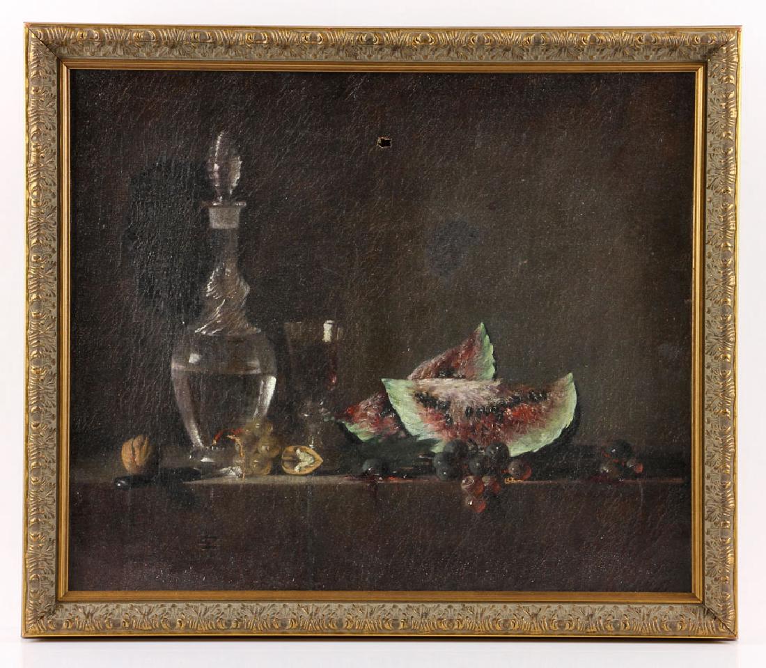 19th C. Still Life with Fruit, Oil on Canvas: Still life with fruit, 19th century, oil on canvas, monogrammed "ZZ"; 18" h x 22" w (view), 20" h x 24" w (frame). Provenance: From a Hyde Park, Massachusetts estate. The absence of a condition report