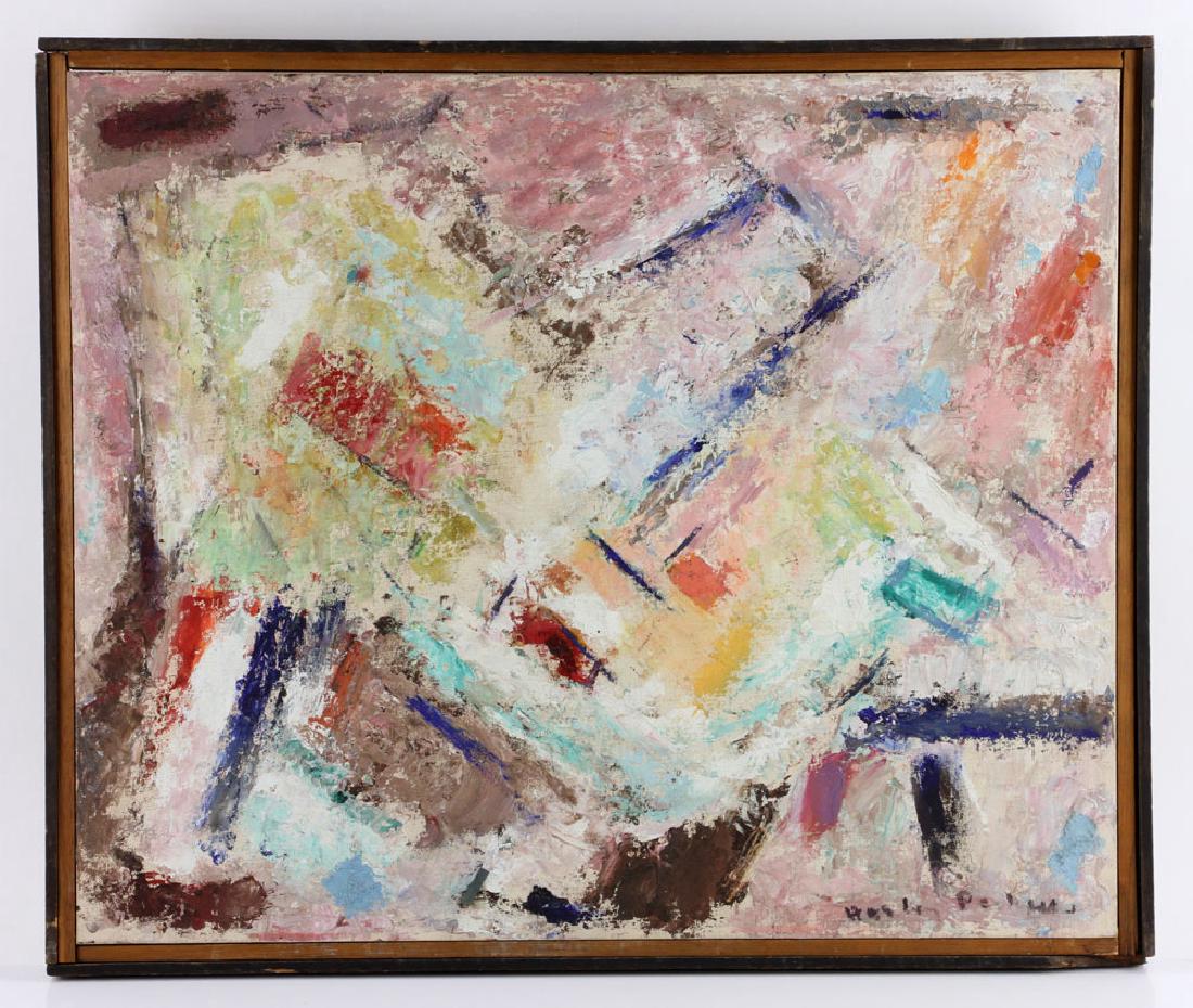 Perkins, "Emergence," Oil on Board: Harley Perkins (American, 1883-1964), "Emergence," oil on artist board, abstract modern view, signed lower right, information verso; 20" h x 24" w (view), 21 1/2" h x 25 1/2" w (frame). The absence of