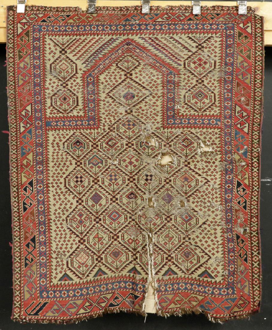 Antique Caucasian Prayer Rug: Antique Caucasian prayer rug, 4' 4" x 3' 6". The absence of a condition report is not an implication that the lot is in perfect condition or free from imperfections, wear and tear or the effects of ag