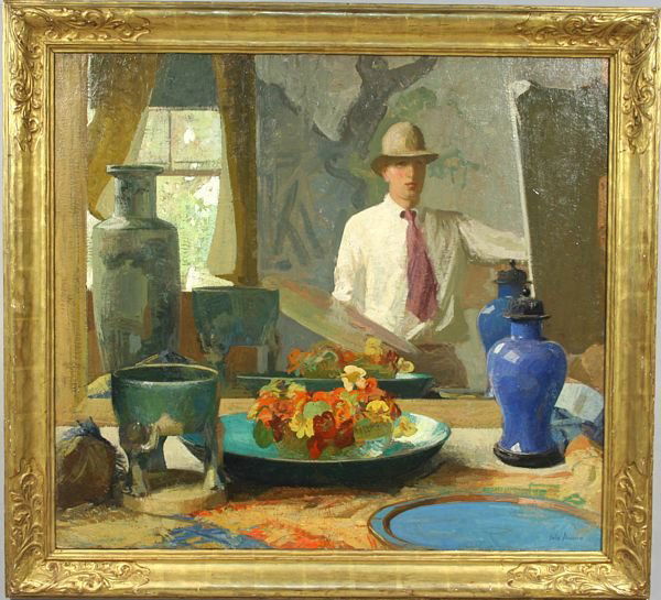 SIGNED JOHN SHARMAN, SELF-PORTRAIT, O/C: John Sharman (American, 1879-1971), Self-Portrait of the Artist in an Interior, oil on canvas, 36" x 40", signed LR. Good, unlined condition. In a fine carved and gilded frame measuring 43" x 47". Thi